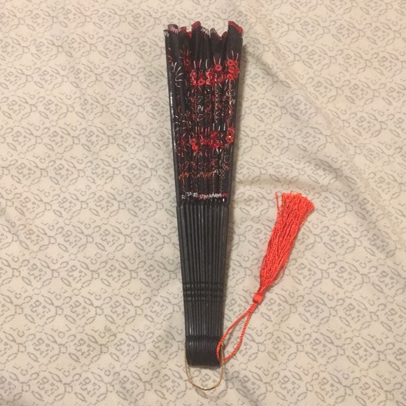 Red Black Gold Fabric & Plastic Fan with Tassel - Picture 5 of 7